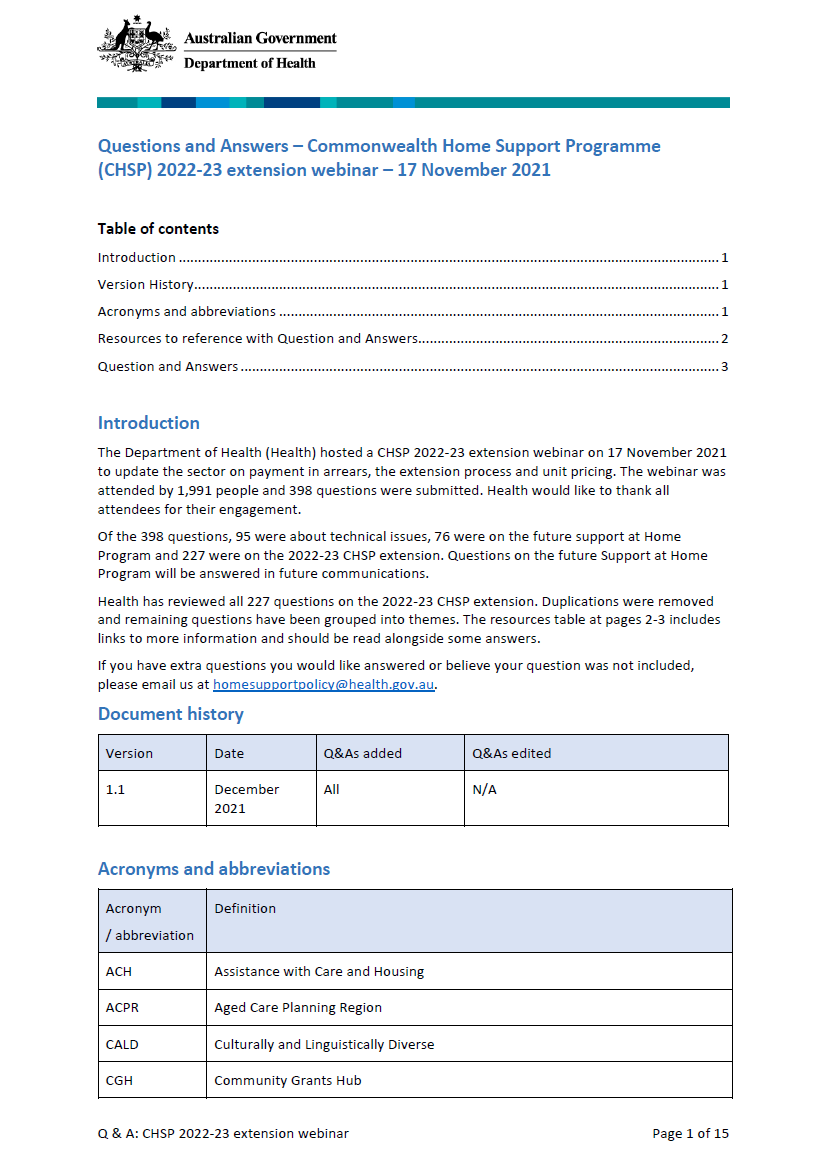 Questions and answers – Commonwealth Home Support Programme (CHSP) 2022-23 extension webinar – 17 November 2021