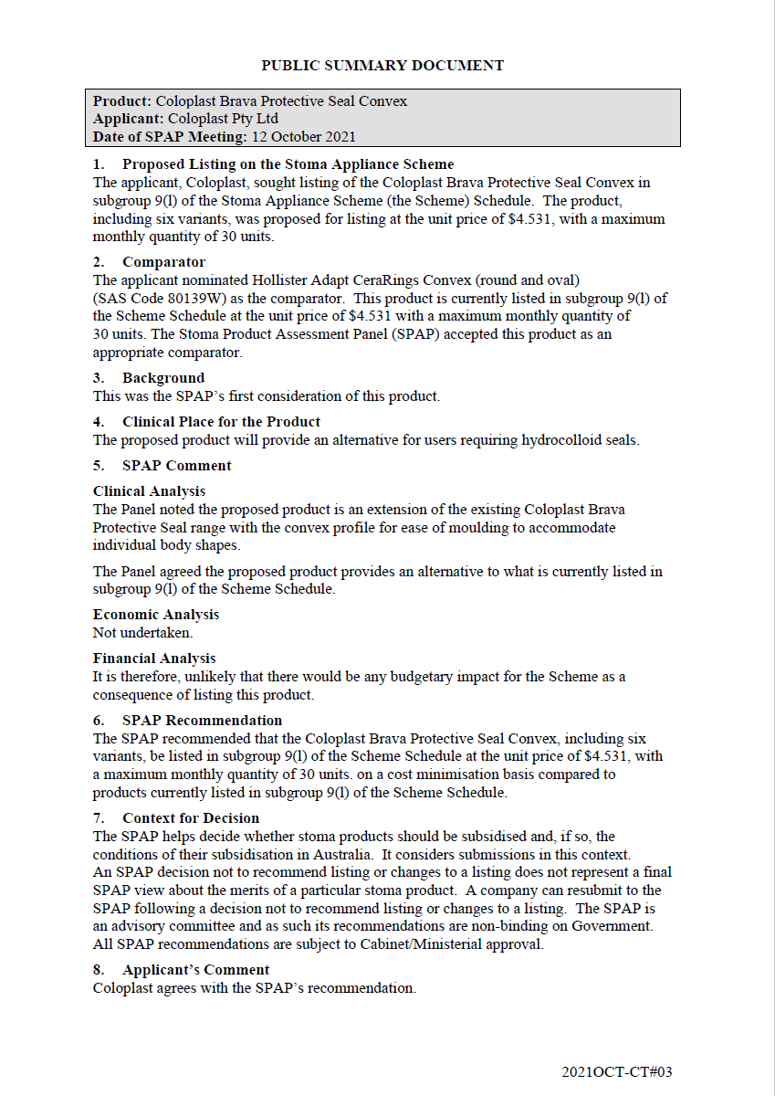Public Summary Document - Coloplast Brava Protective Seal Convex