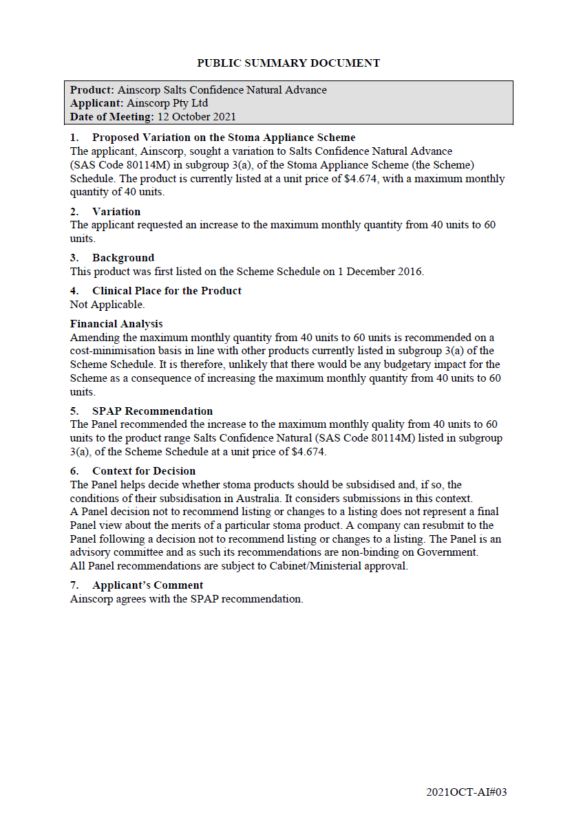 Public Summary Document - Ainscorp Salts Confidence Natural Advance