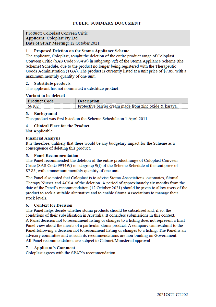 Public Summary Document - Coloplast Conveen Critic