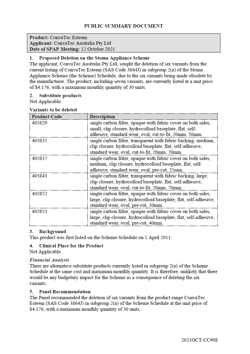 Public Summary Document - ConvaTec Esteem