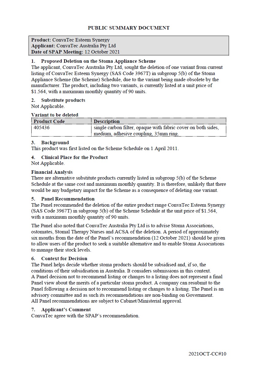 Public Summary Document - ConvaTec Esteem Synergy 