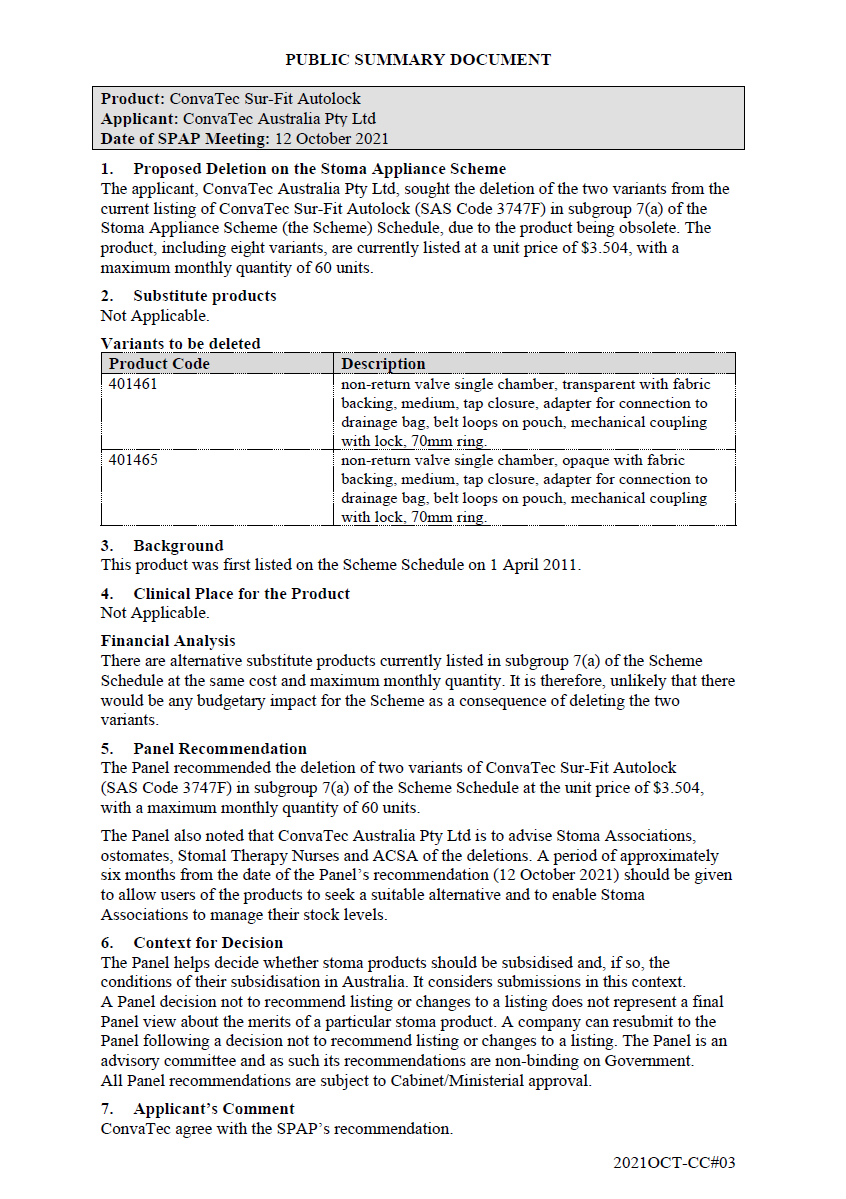 Public Summary Document - ConvaTec Sur-Fit Autolock - SAS Code 3747F