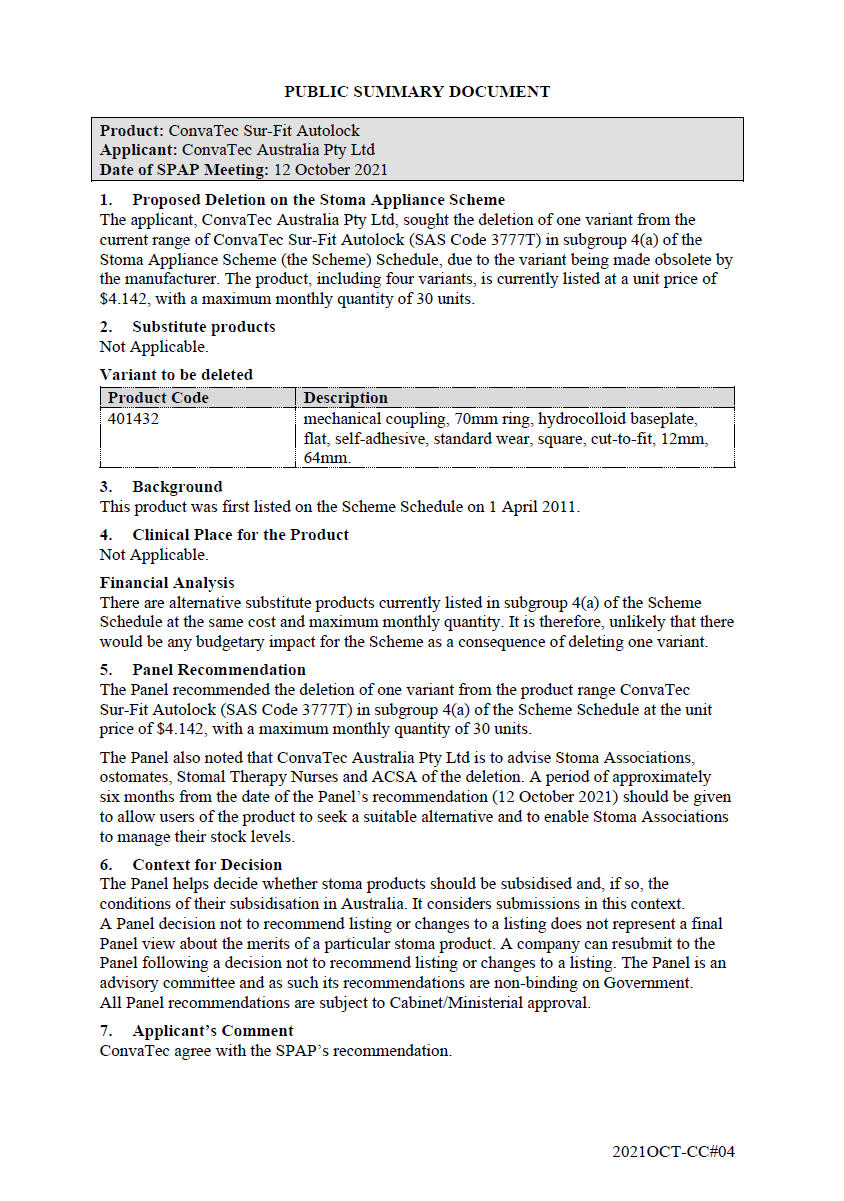 Public Summary Document - ConvaTec Sur-Fit Autolock - SAS Code 3777T