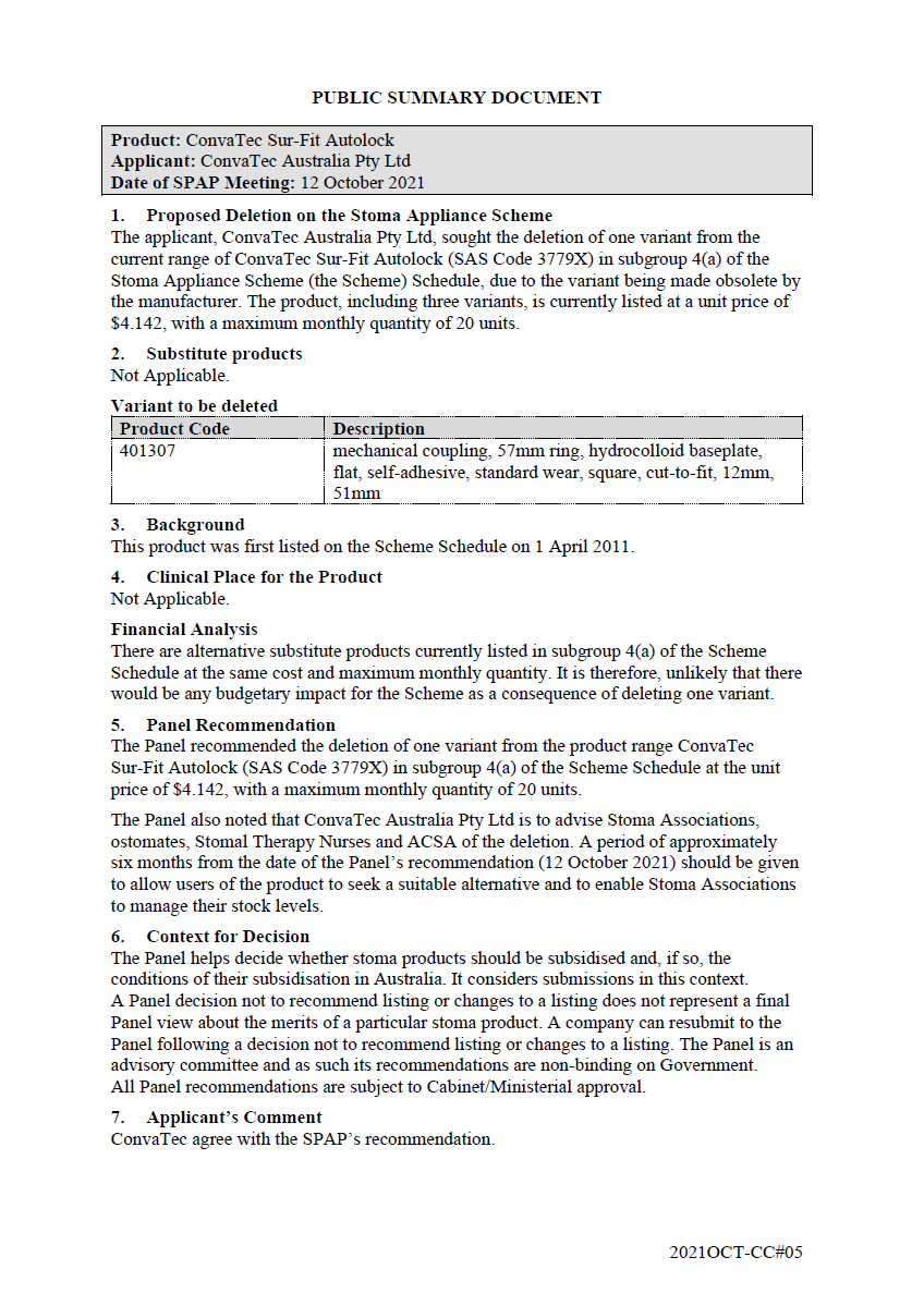CC#05 - Public Summary Document - ConvaTec Sur-Fit Autolock - SAS Code 3779X