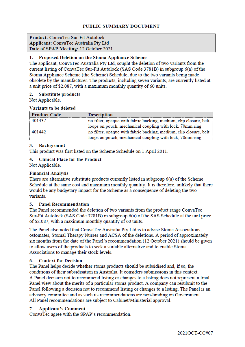 Public Summary Document ConvaTec Sur-Fit Autolock