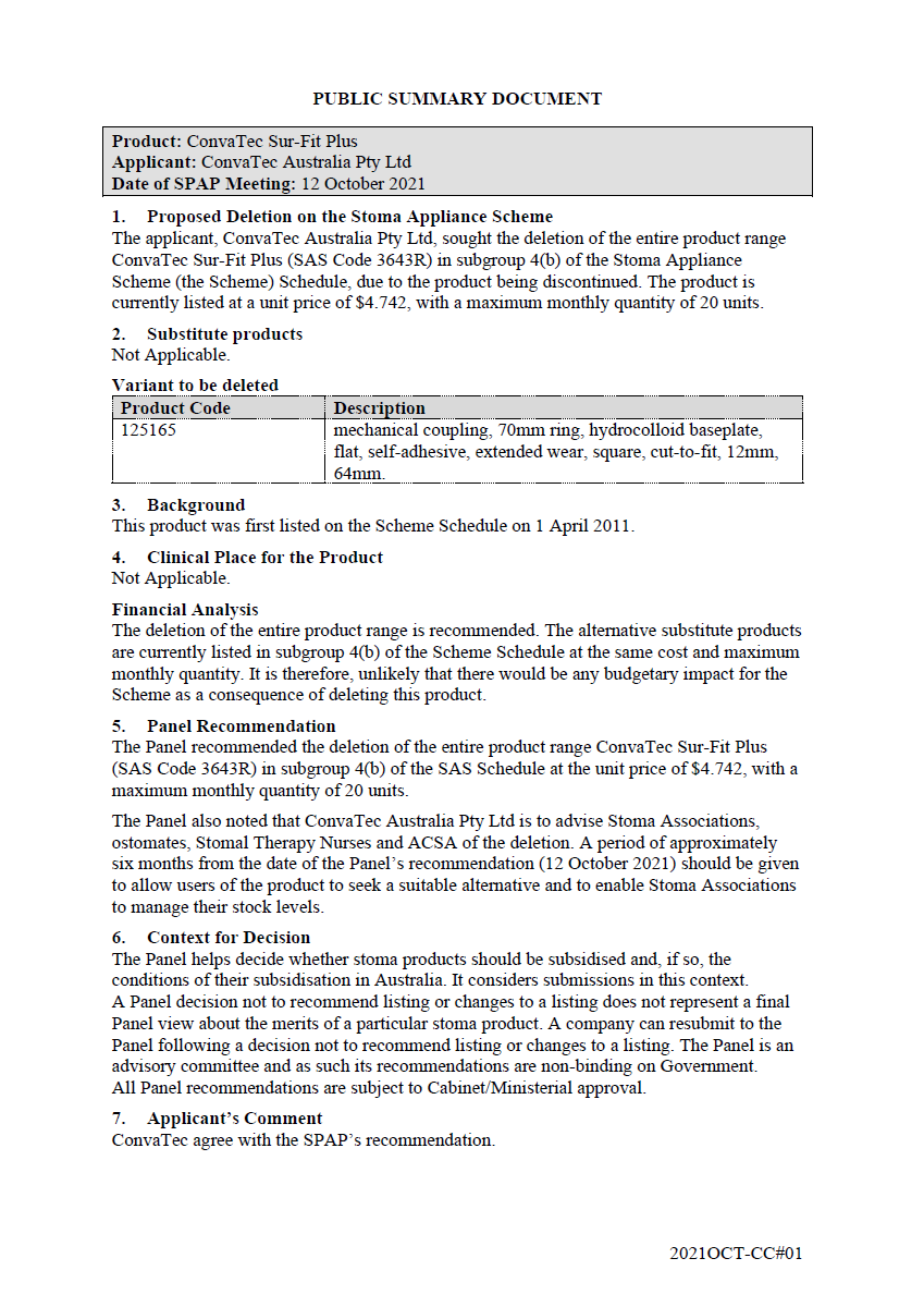 Public Summary Document - ConvaTec Sur-Fit Plus - SAS Code 3643R