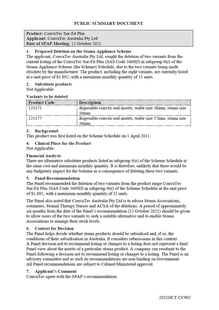 Public Summary Document - ConvaTec Sur-Fit Plus