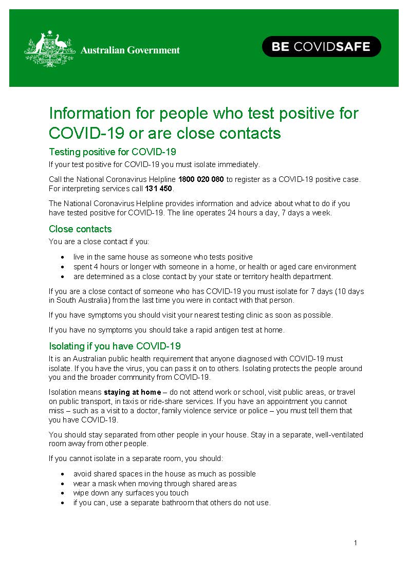 Coronavirus Covid 19 Information For People Who Test Positive For Covid 19 Or Are Close Contacts Australian Government Department Of Health
