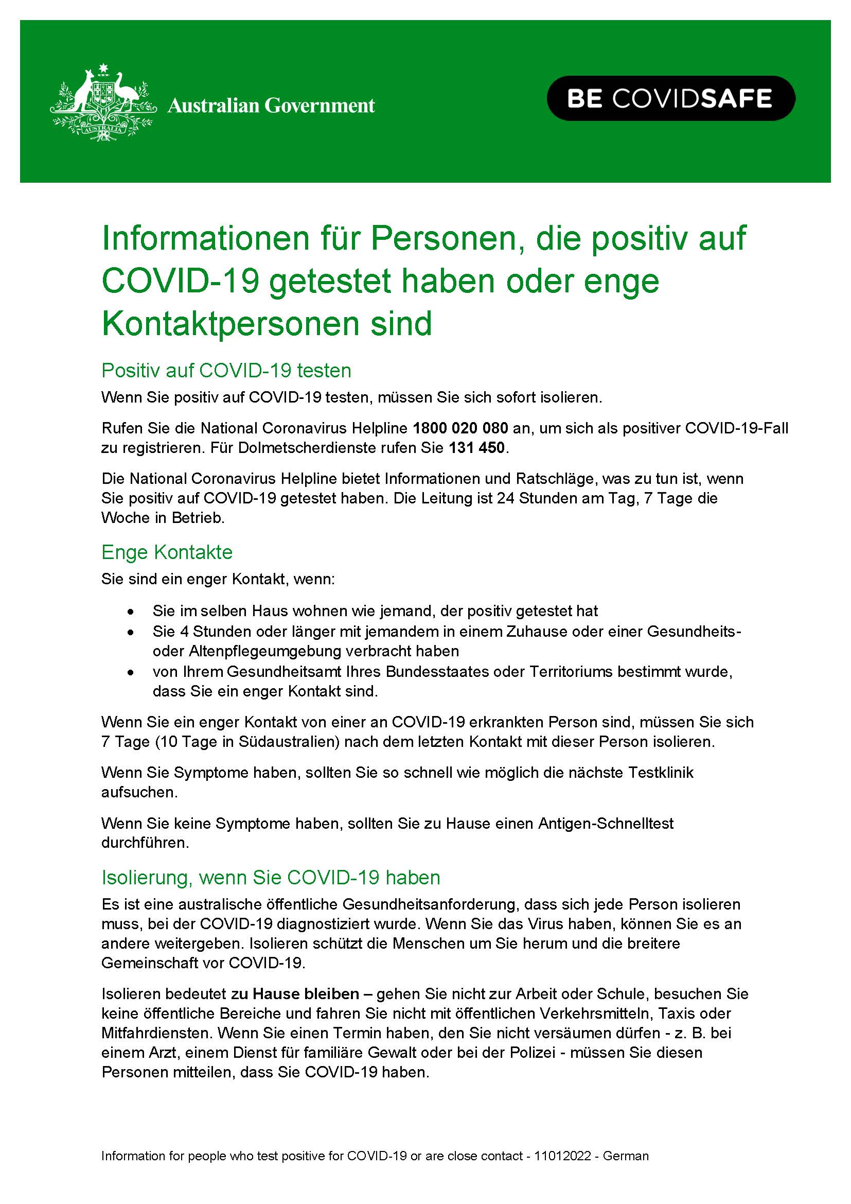 Coronavirus (COVID19) Informationen für Personen, die positiv auf