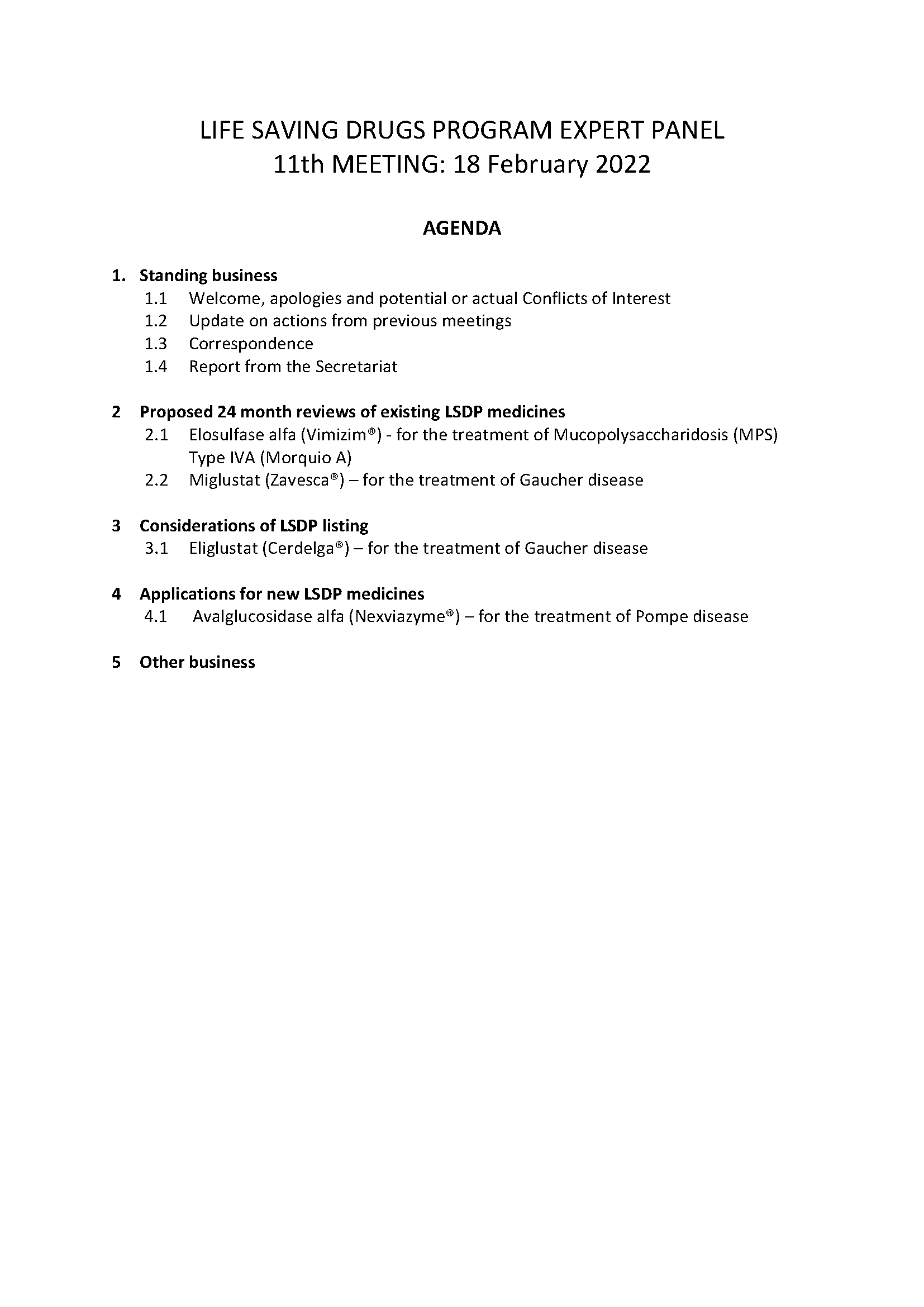 Life Saving Drugs Program (LSDP) Expert Panel meeting agenda – 18th February 2022