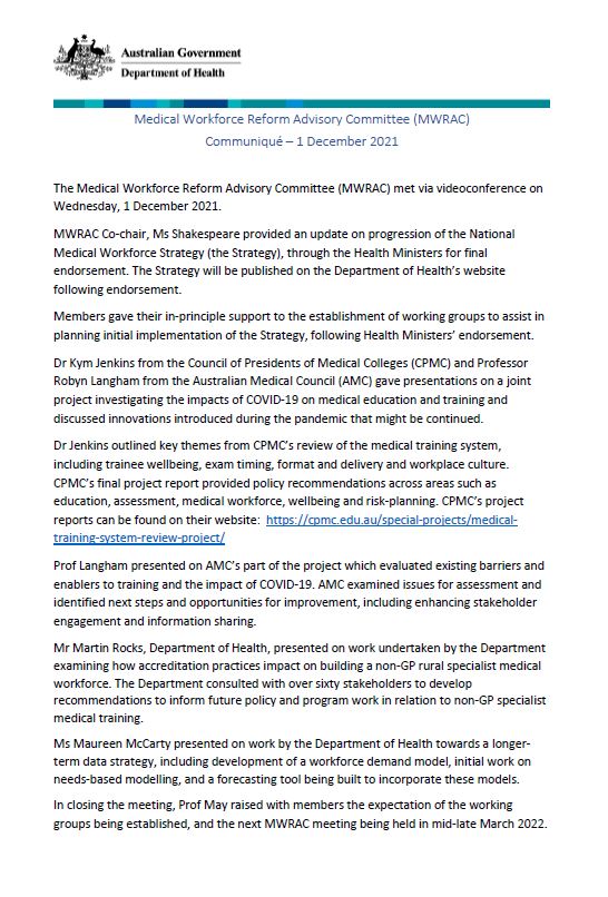 Medical Workforce Reform Advisory Committee (MWRAC) Communiqué – 1 December 2021