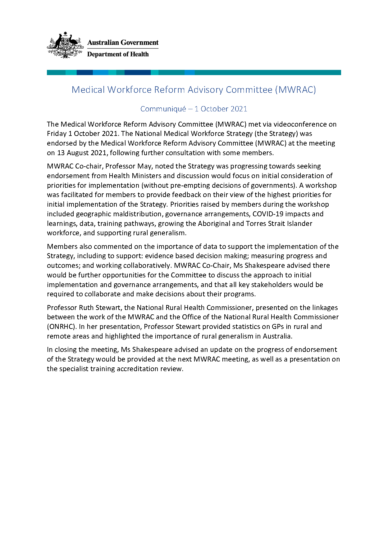 Medical Workforce Reform Advisory Committee (MWRAC) communique – October 2021