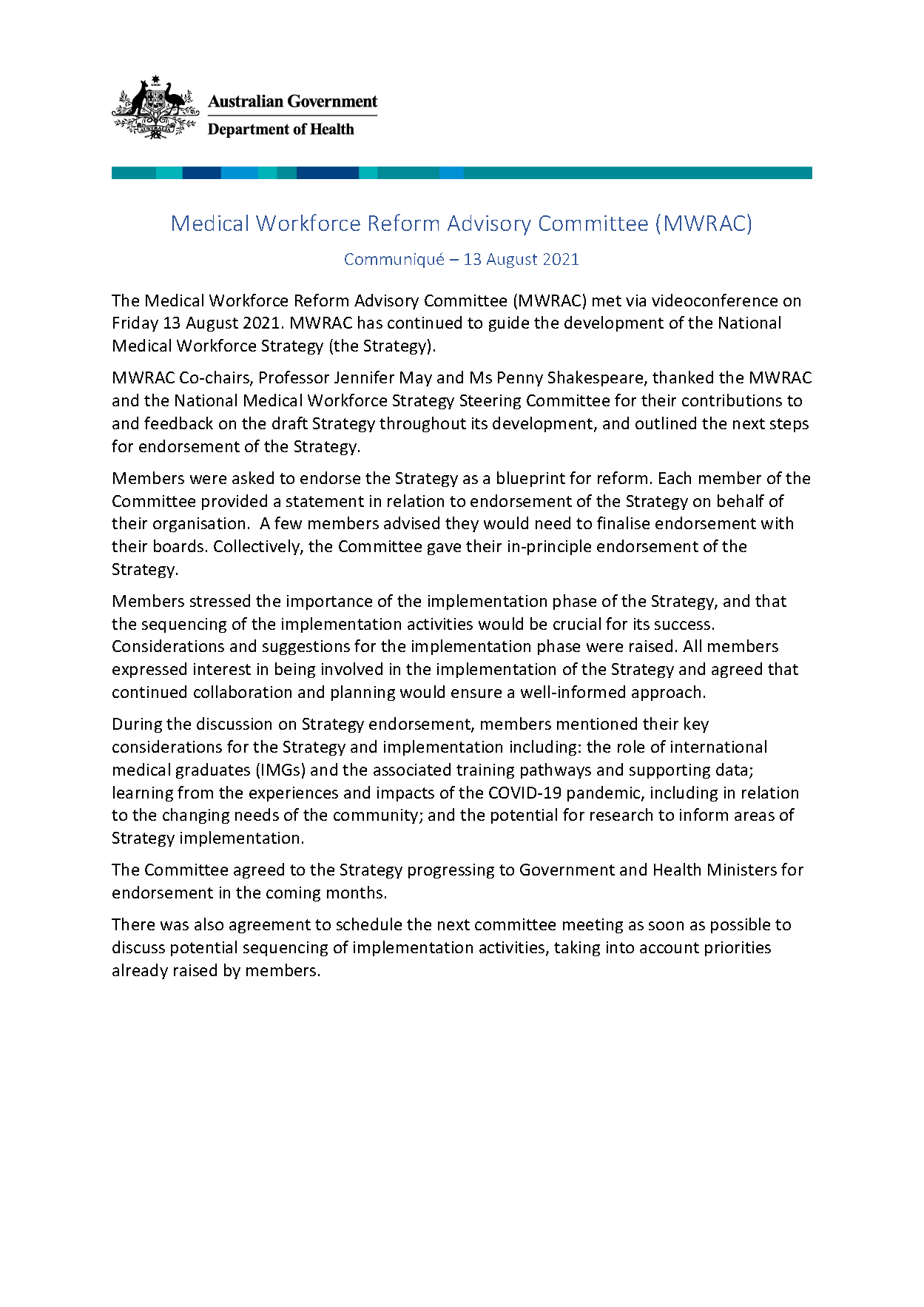 Medical Workforce Reform Advisory Committee Meeting Communique - August 2021