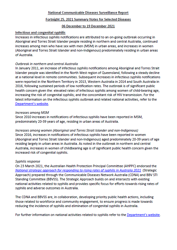 National Notifiable Diseases Surveillance System (NNDSS) fortnightly reports – 6 to 19 December 2021