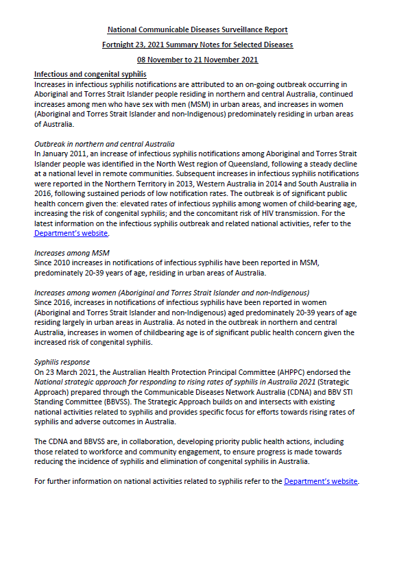Cover image for National Notifiable Diseases Surveillance System (NNDSS) fortnightly reports – 8 to 21 November 2021
