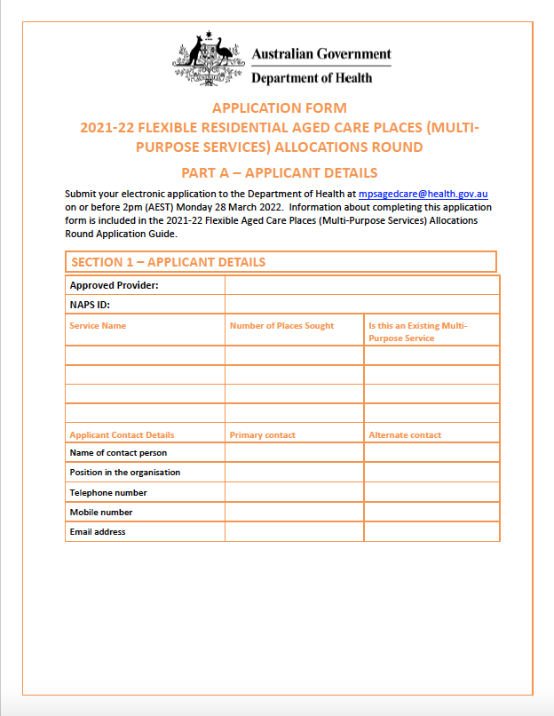 Cover image for 2021–22 Flexible aged care places (Multi-purpose services) allocations round – Application – Part A: Applicant details