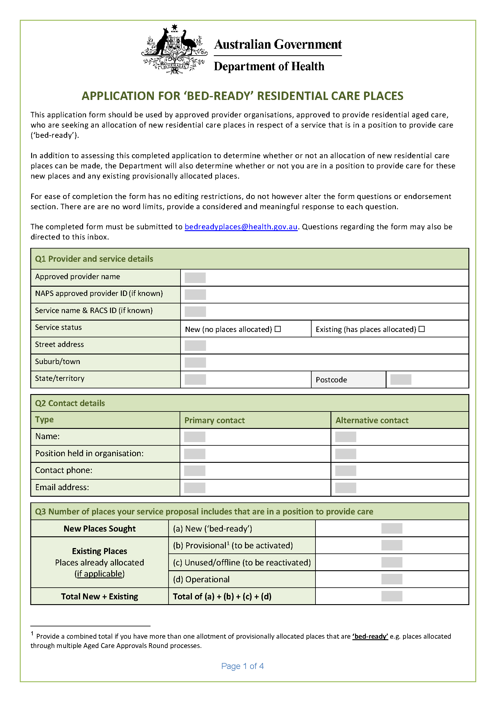Application for bed-ready residential care places form