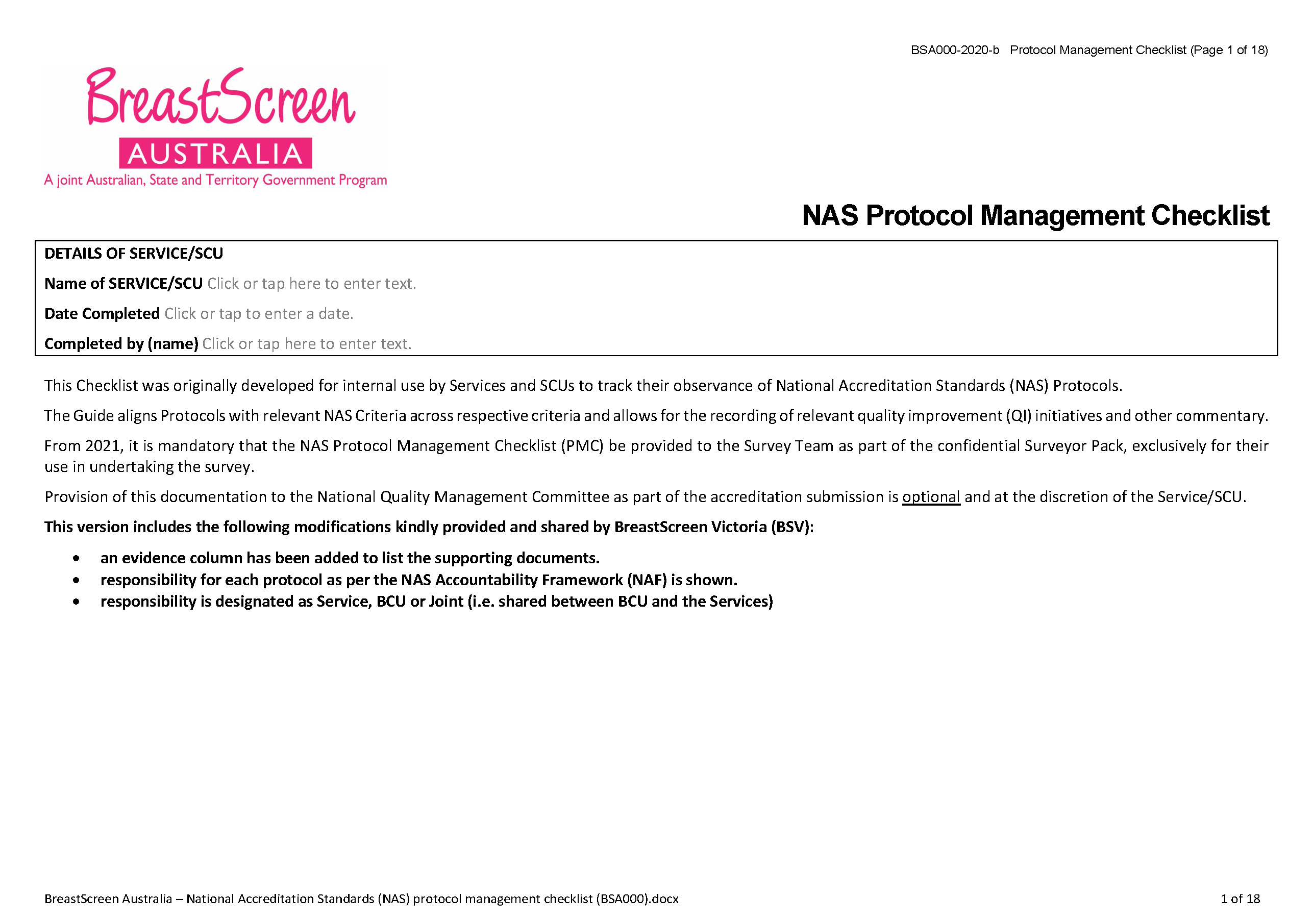 BreastScreen Australia – National Accreditation Standards (NAS) protocol management checklist (BSA000)