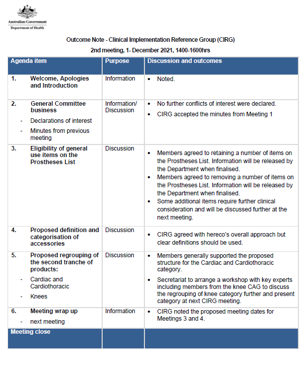 Outcome Note Clinical Implementation Reference Group (CIRG) Second meeting