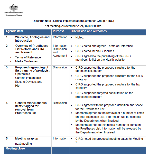 Outcome Note  Clinical Implementation Reference Group (CIRG) First meeting