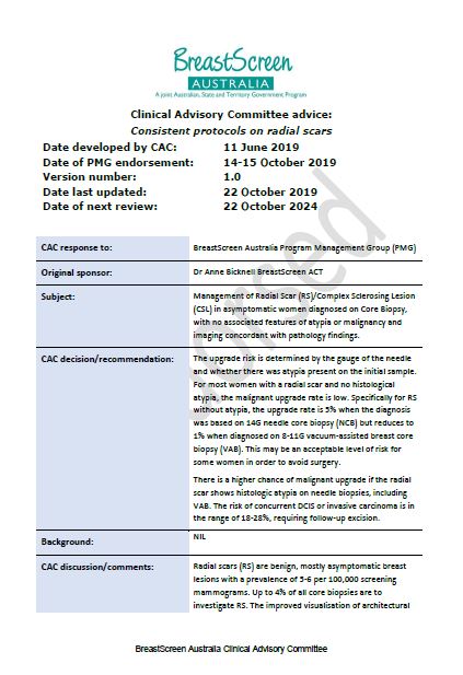 BreastScreen Australia – Clinical Advisory Committee advice: Consistent protocols on radial scars