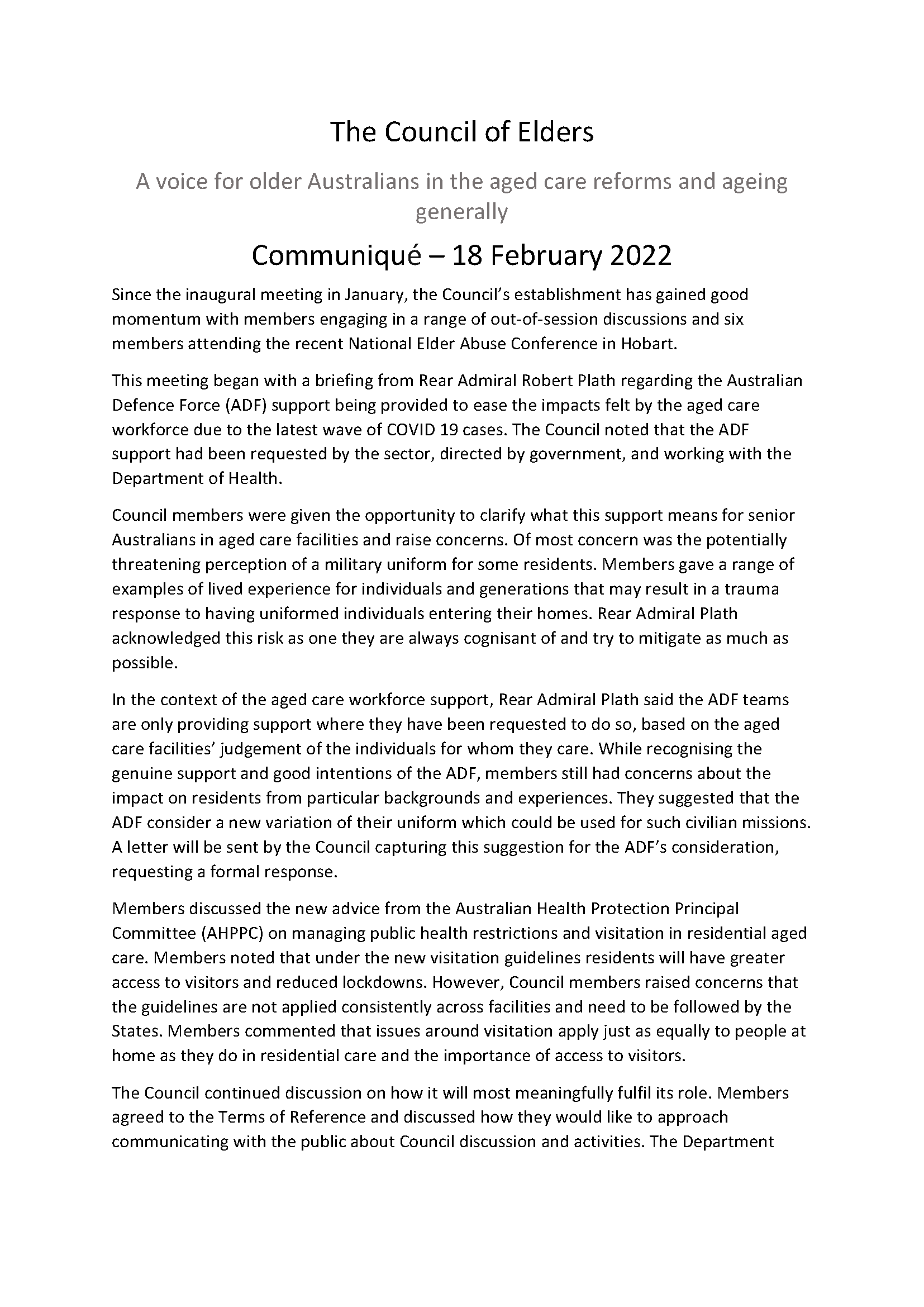 Council of Elders Communique -18 February 2022