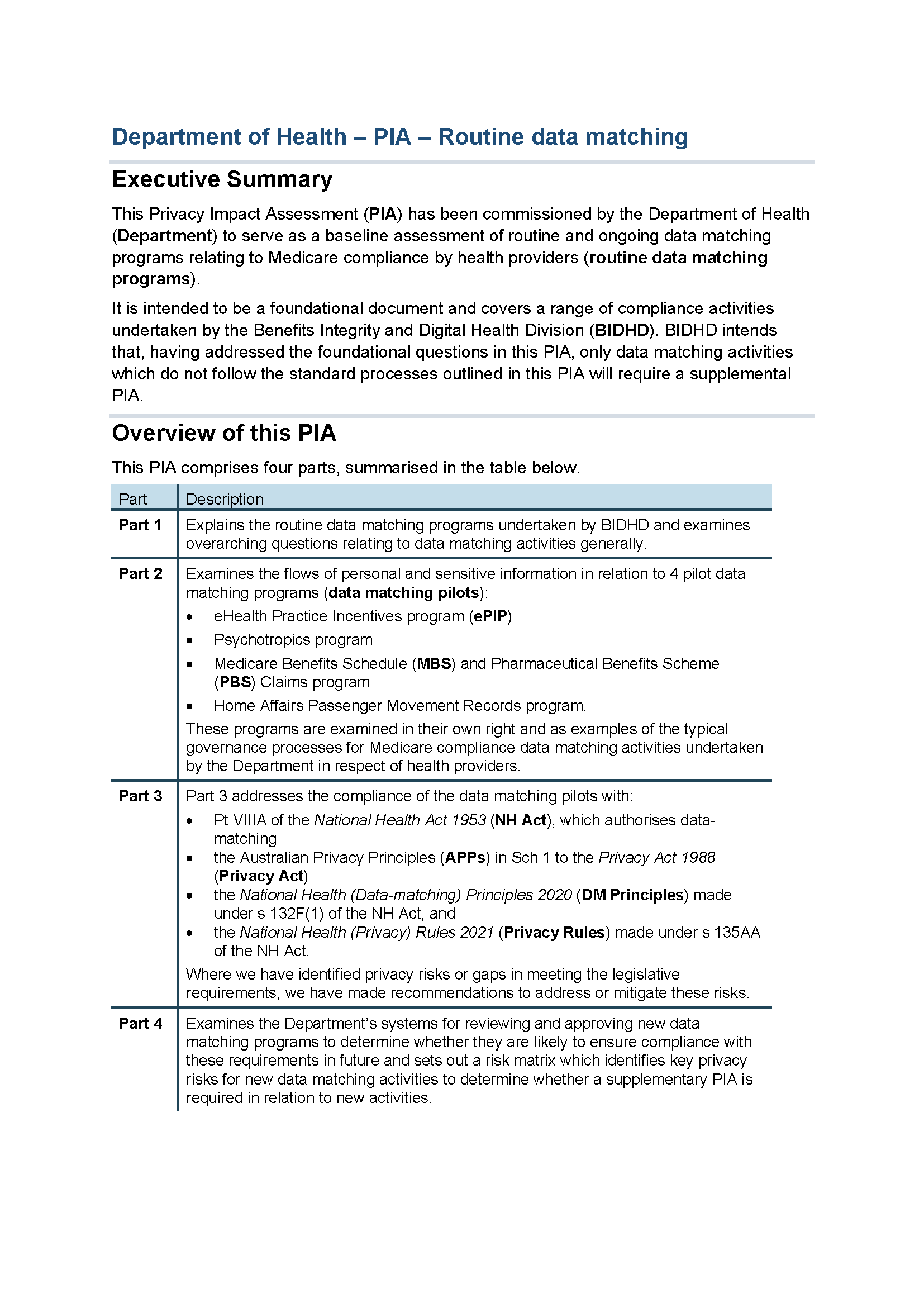 Department of Health – PIA – Routine data matching