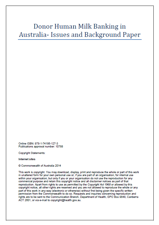 Cover image for Donor human milk banking in Australia – issues and background paper