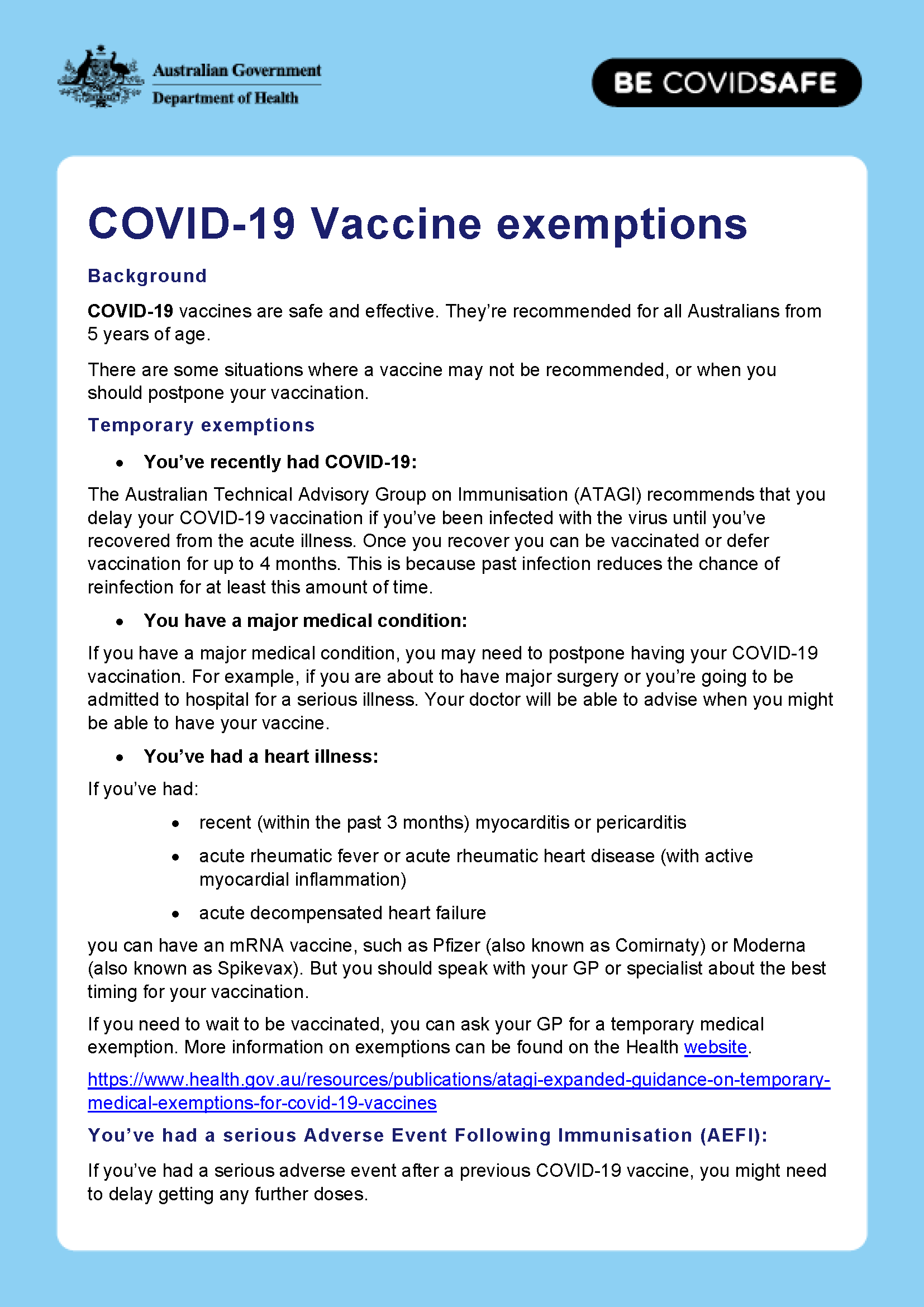 General COVID19 vaccine exemptions fact sheet Australian Government