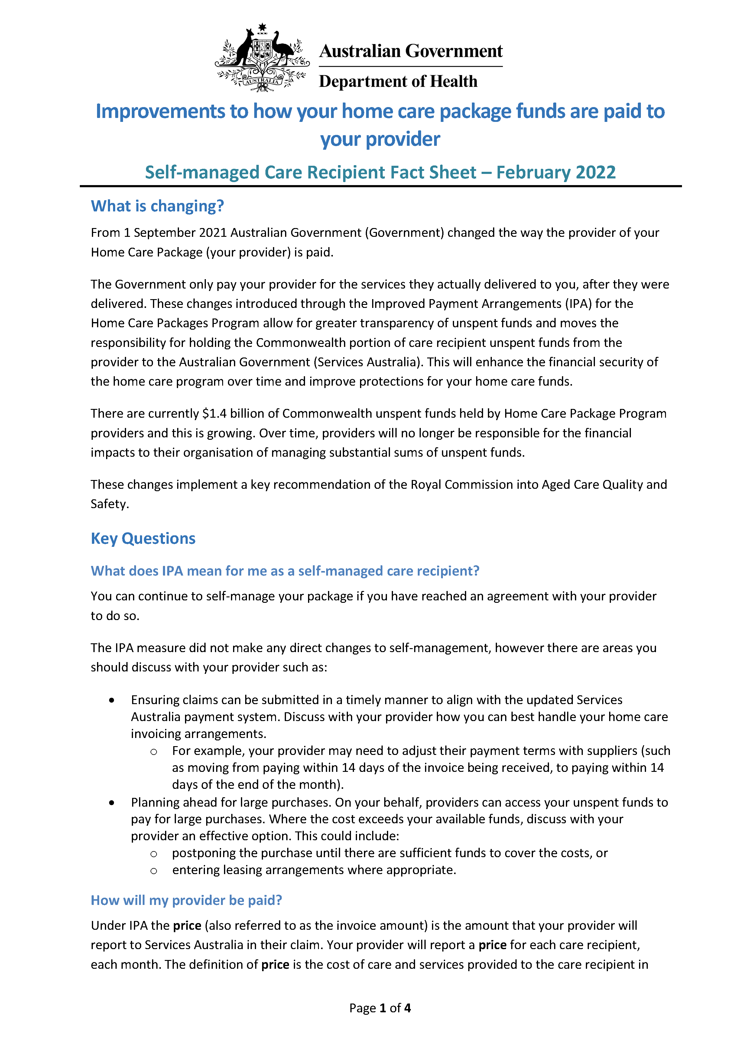 Improvements to how your home care package funds are paid to your provider – Self-managed Care Recipient Fact Sheet