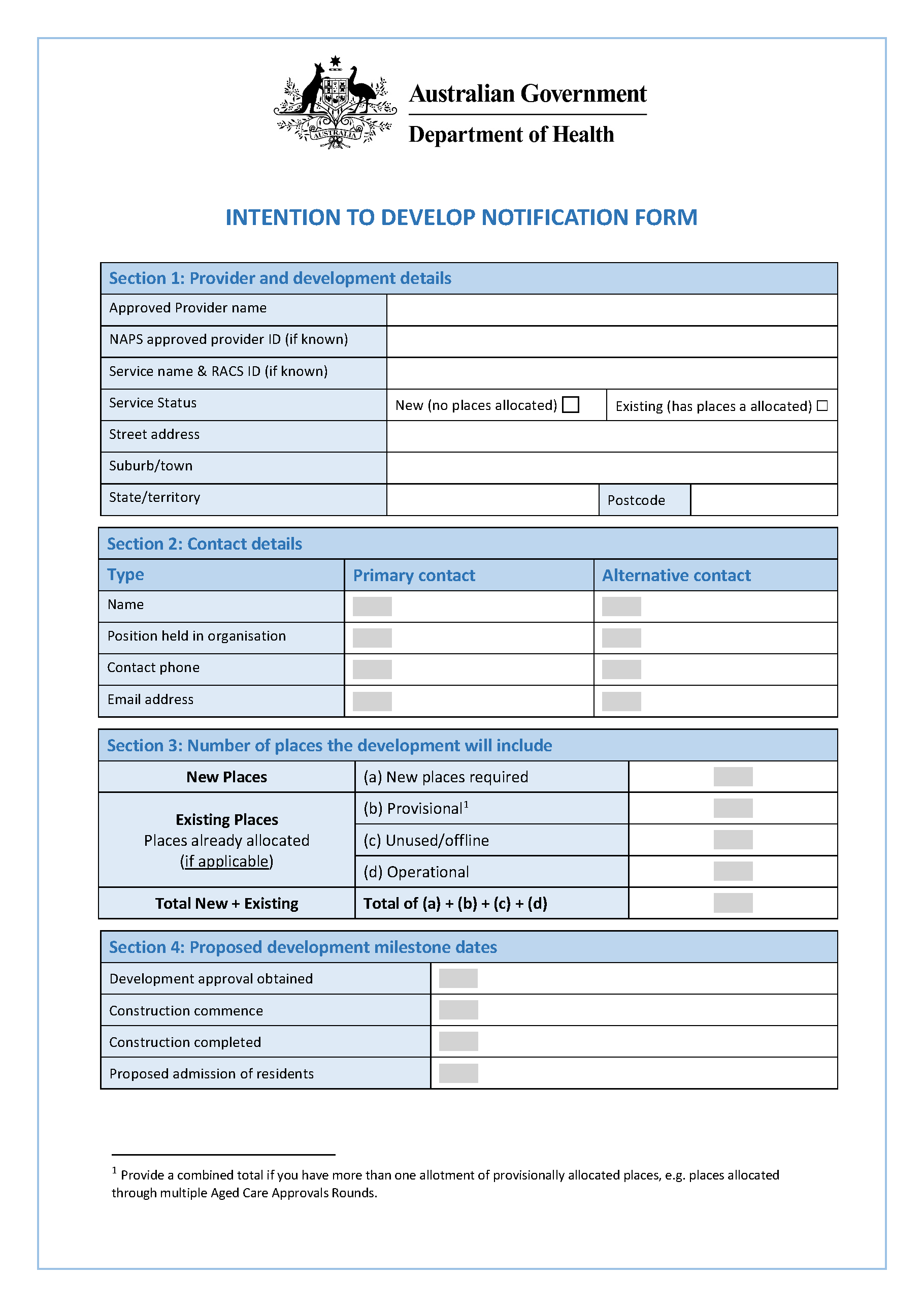 Intention to develop notification form
