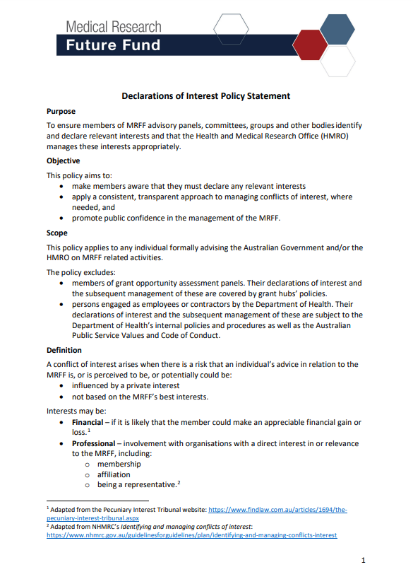 Medical Research Future Fund Declaration of Interest Policy Statement 