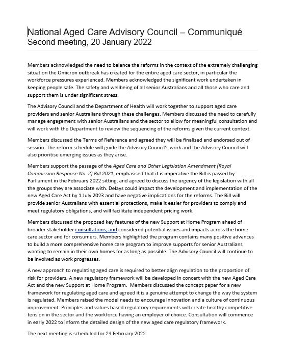 National Aged Care Advisory Council communique – January 2022