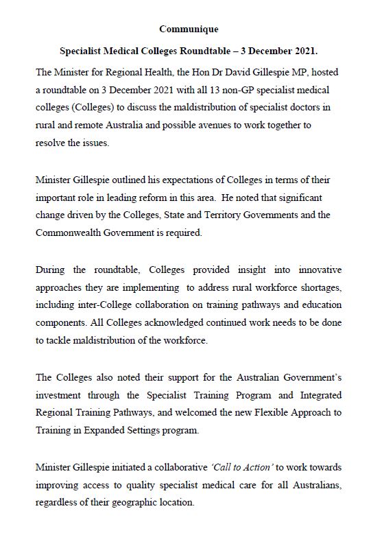Specialist Medical Colleges Roundtable Communique – 3 December 2021