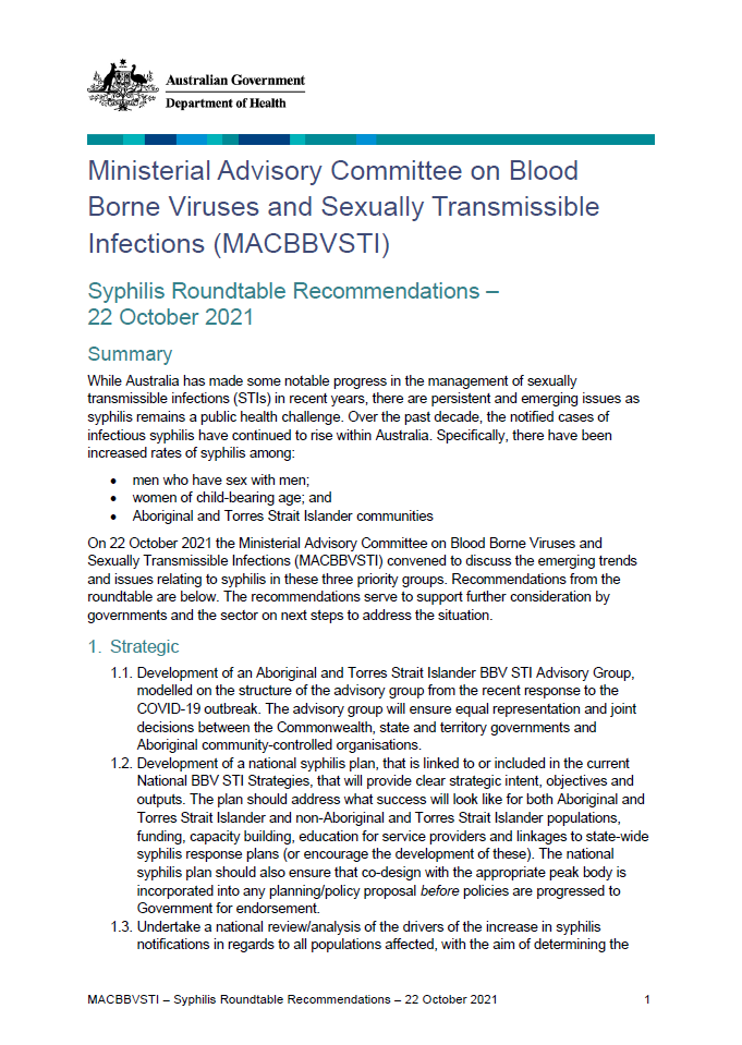 Syphilis roundtable, 22 October 2021 – MACBBVSTI recommendations