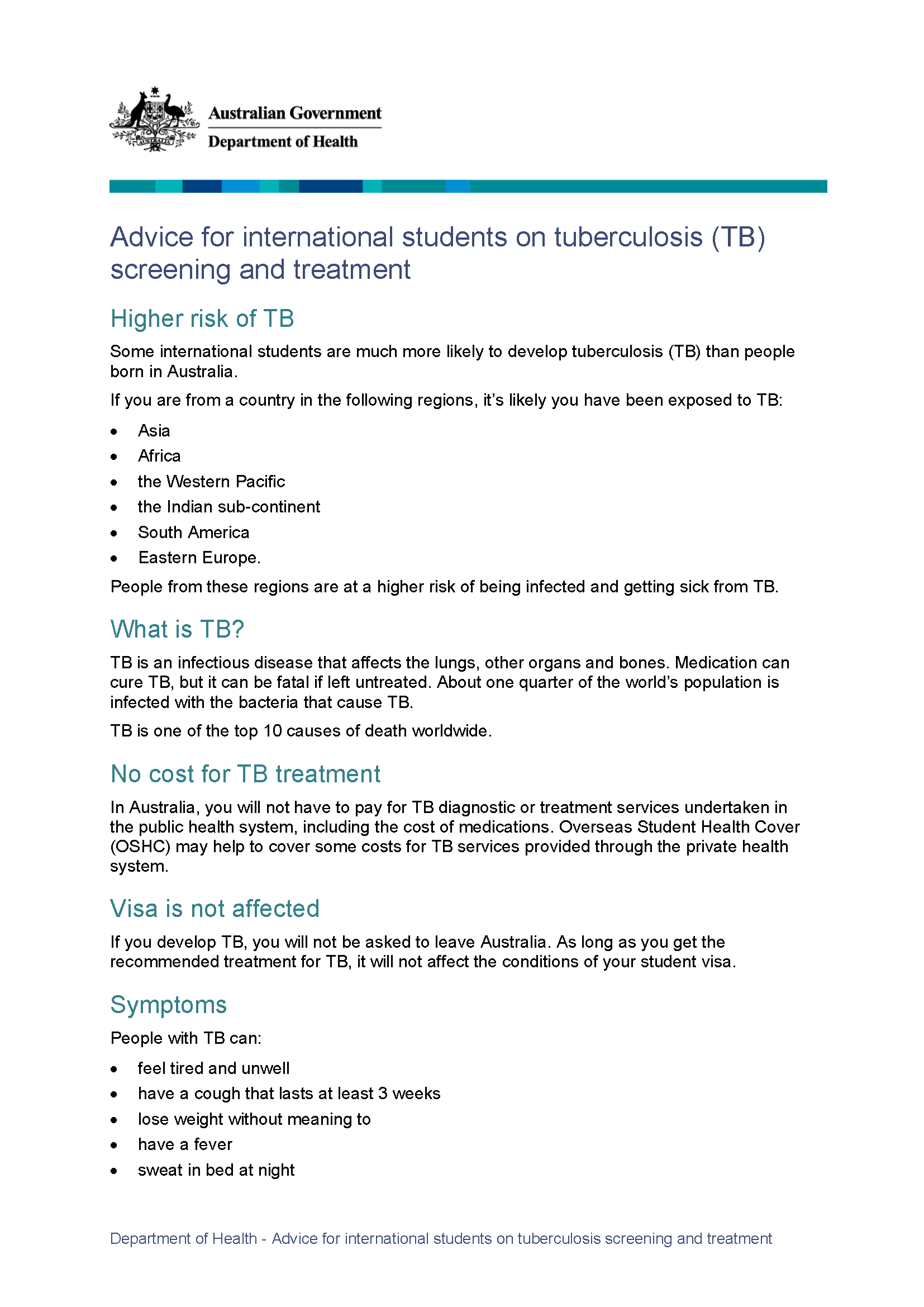 Advice for international students on tuberculosis (TB) screening and treatment fact sheet