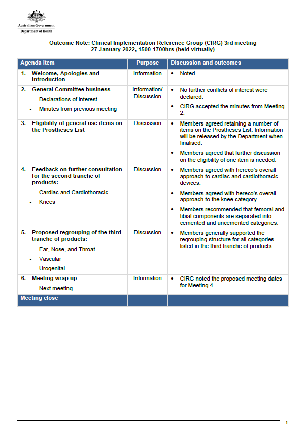 Outcome Note: Clinical Implementation Reference Group (CIRG) 3rd meeting – 27 January 2022