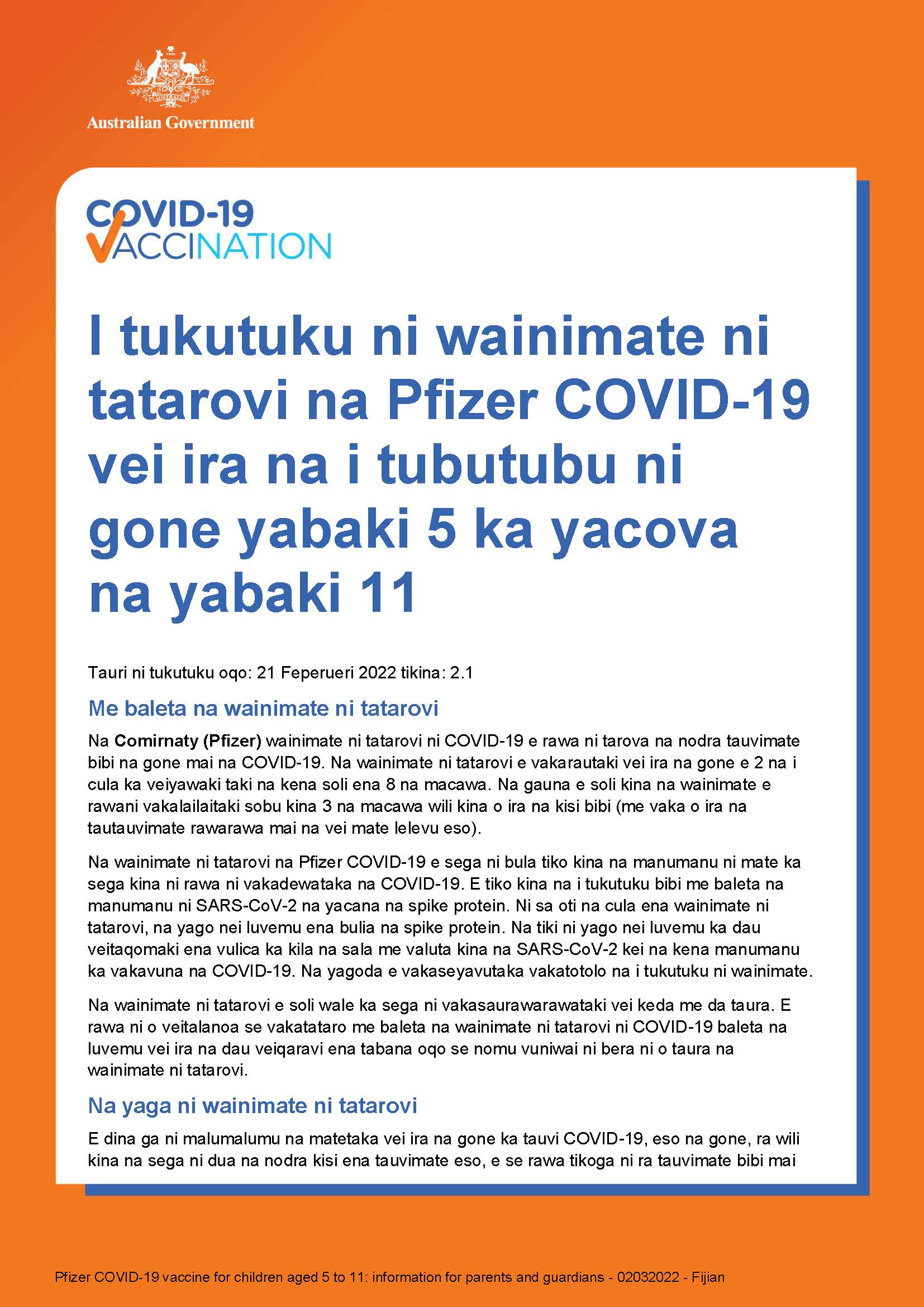 COVID 19 Vaccination Itukutuku Ni Wainimate Ni Tatarovi Na Pfizer 
