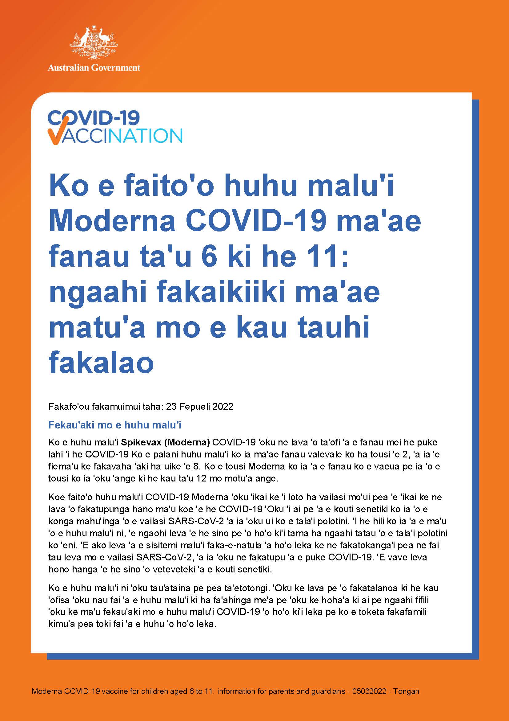 Covid 19 Vaccination Ko E Faito O Huhu Malu I Moderna Covid 19 Ma Ae Fanau Ta U 6 Ki He 11 Ngaahi Fakaikiiki Ma Ae Matu A Mo E Kau Tauhi Fakalao Moderna Consent Form Children 6 11