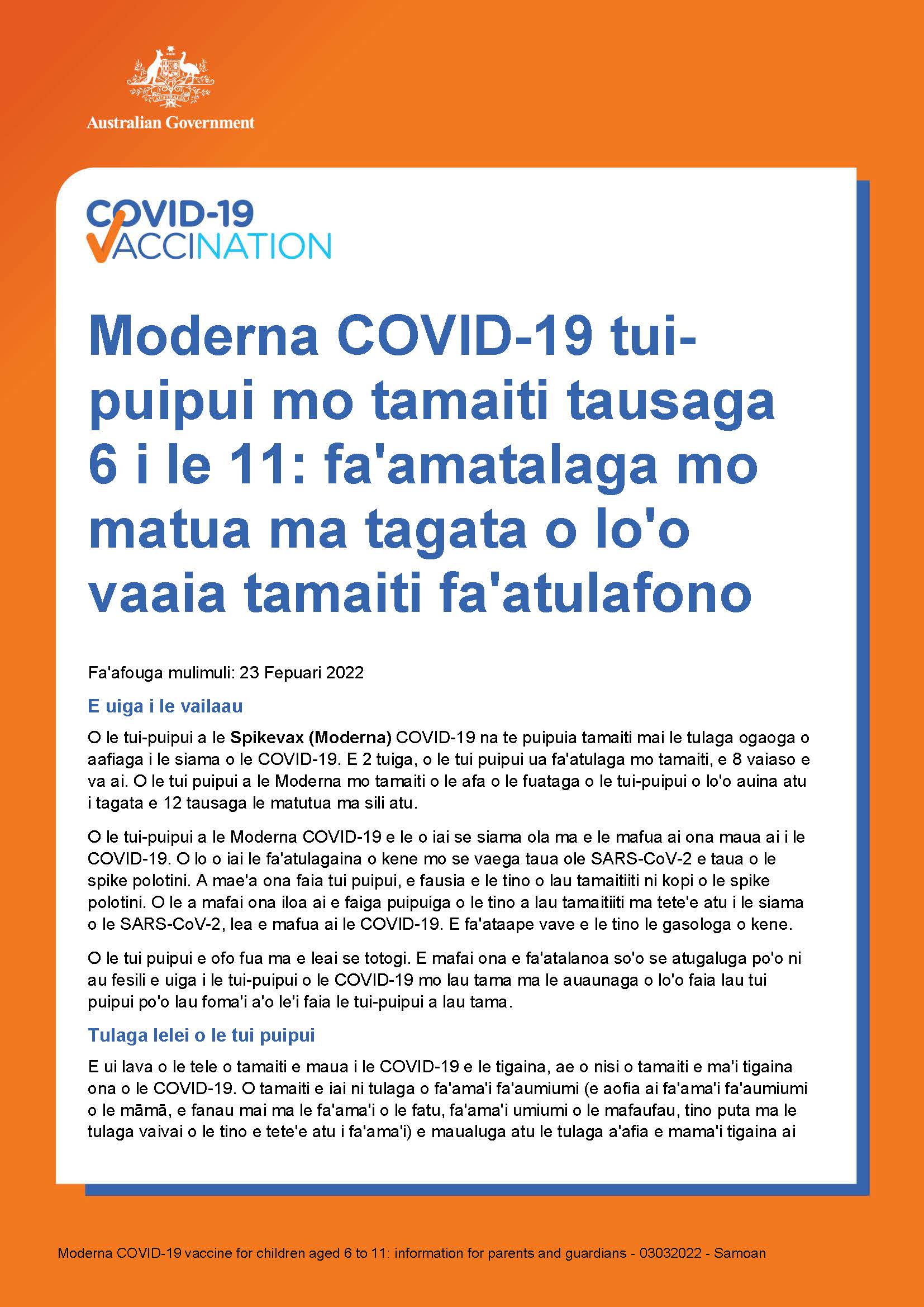 COVID19 vaccination Moderna COVID19 tuipuipui mo tamaiti tausga 6
