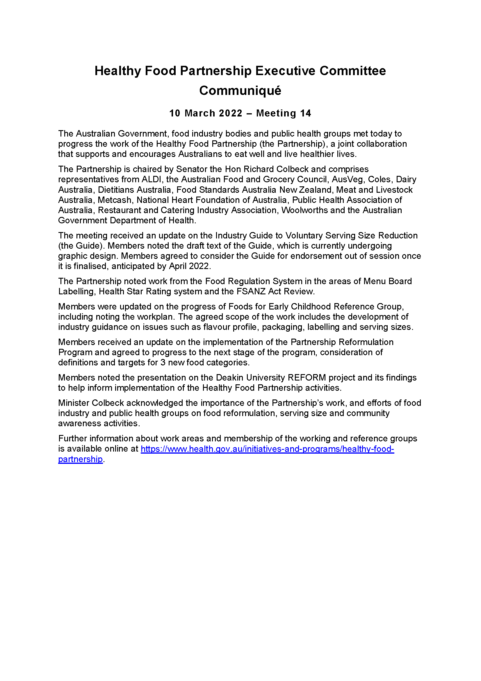 Healthy Food Partnership – Executive Committee communique – March 2022