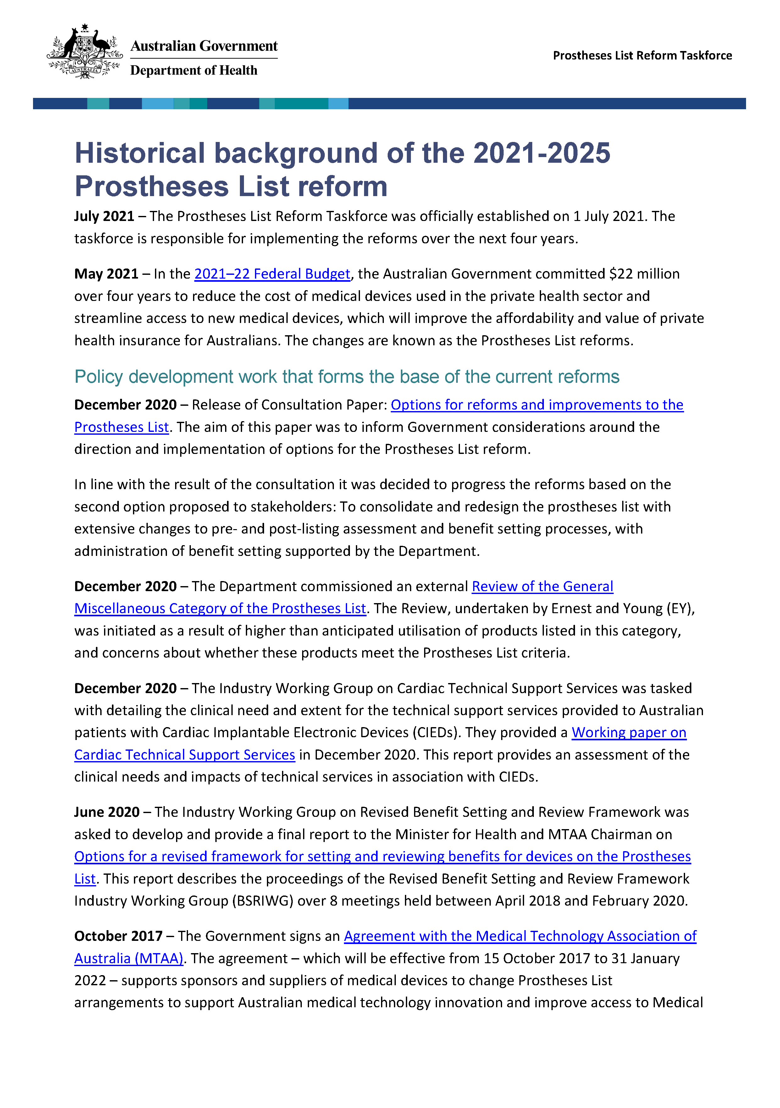 Historical background of the 2021-2025 Prostheses List reform