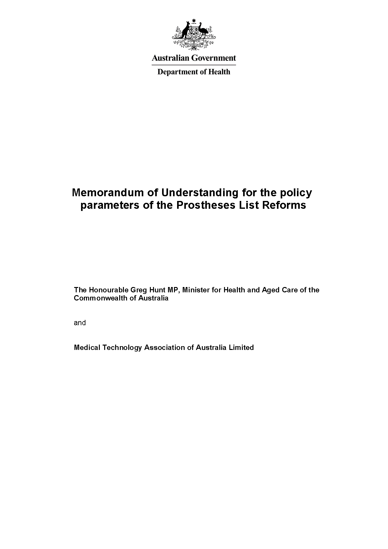 Memorandum of Understanding for the policy parameters of the Prostheses List Reforms