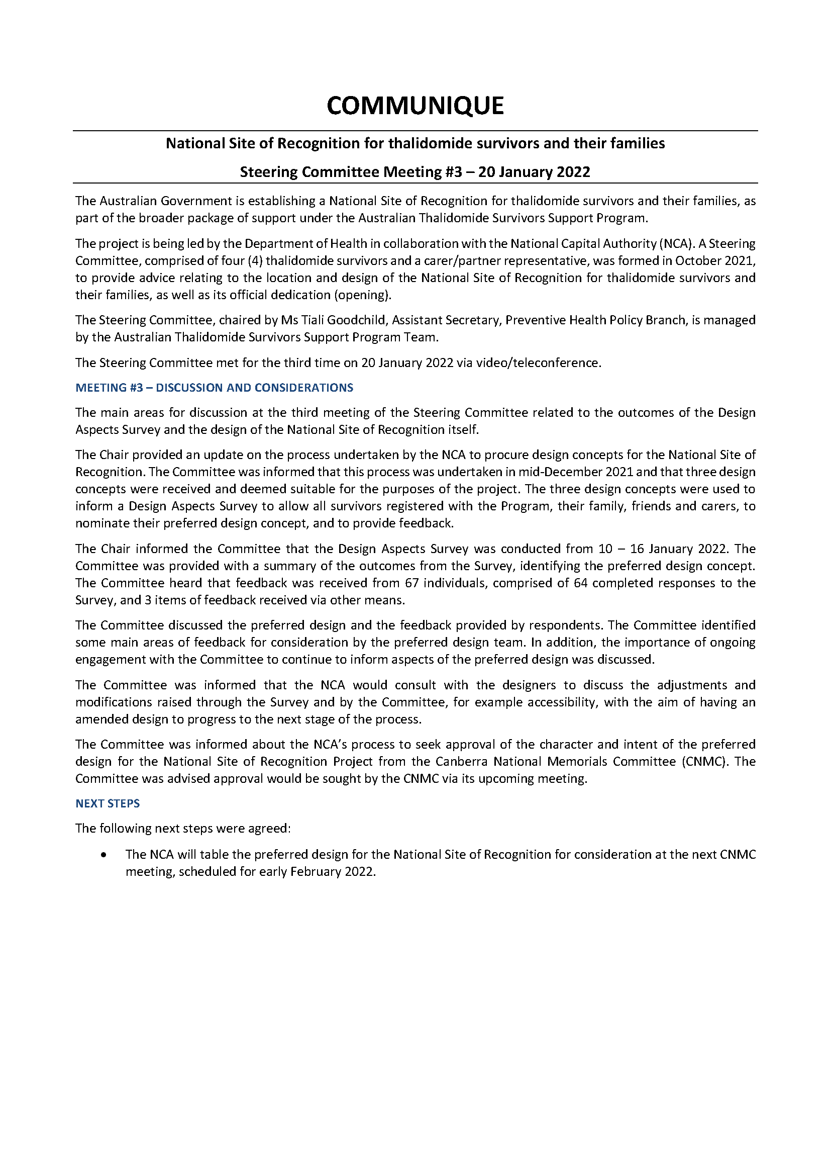 National Site of Recognition for thalidomide survivors and their families Steering Committee Communique