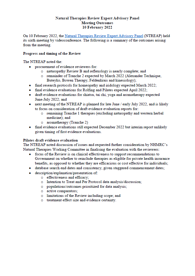 Natural Therapies Review Expert Advisory Panel Meeting Outcomes 10 February 2022