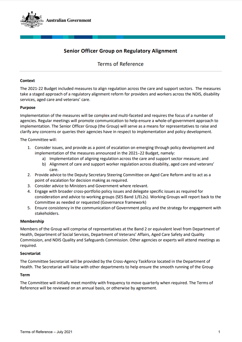Senior Officer Group on Regulatory Alignment – Terms of reference