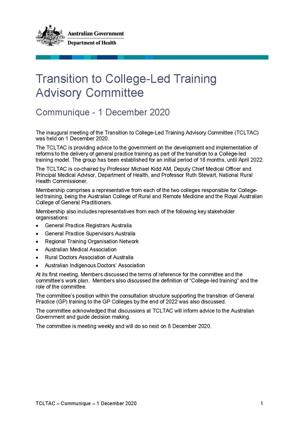 Transition to College-Led Training Advisory Committee communique