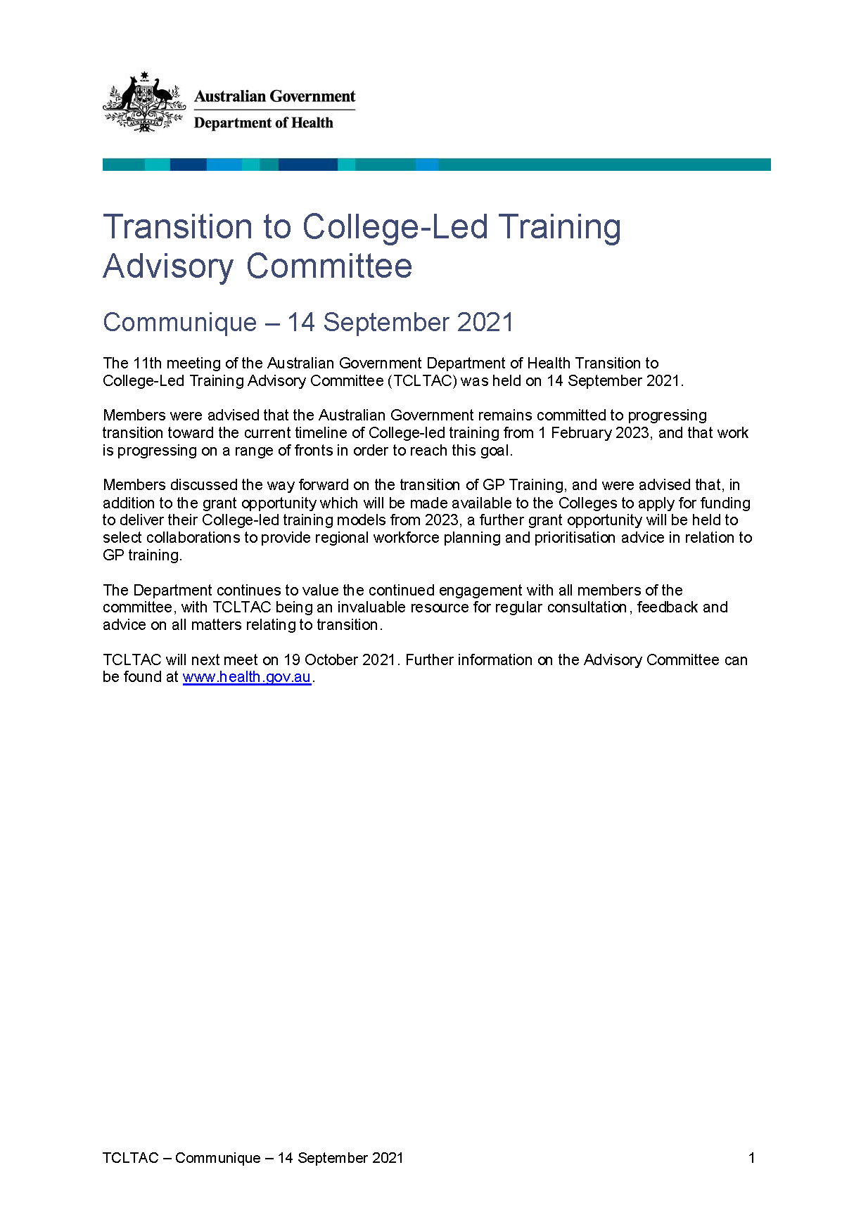 Transition to College-Led Training Advisory Committee communique