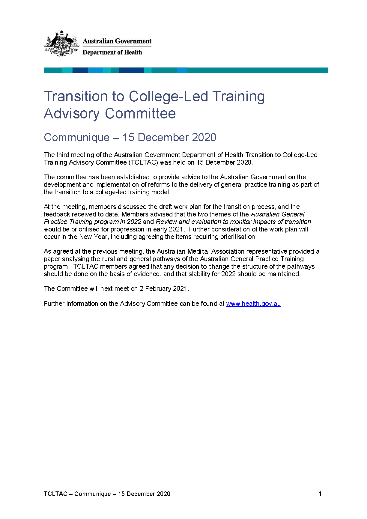 Transition to College-Led Training Advisory Committee communique